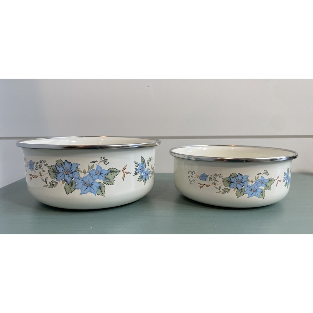 Vintage Set of 2- White Blue Floral Nesting Enamel Mixing Serving Bowls